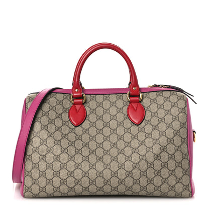 Gucci GG Supreme Monogram Medium Boston Beige Hibiscus Red New Rosette 1 of 26