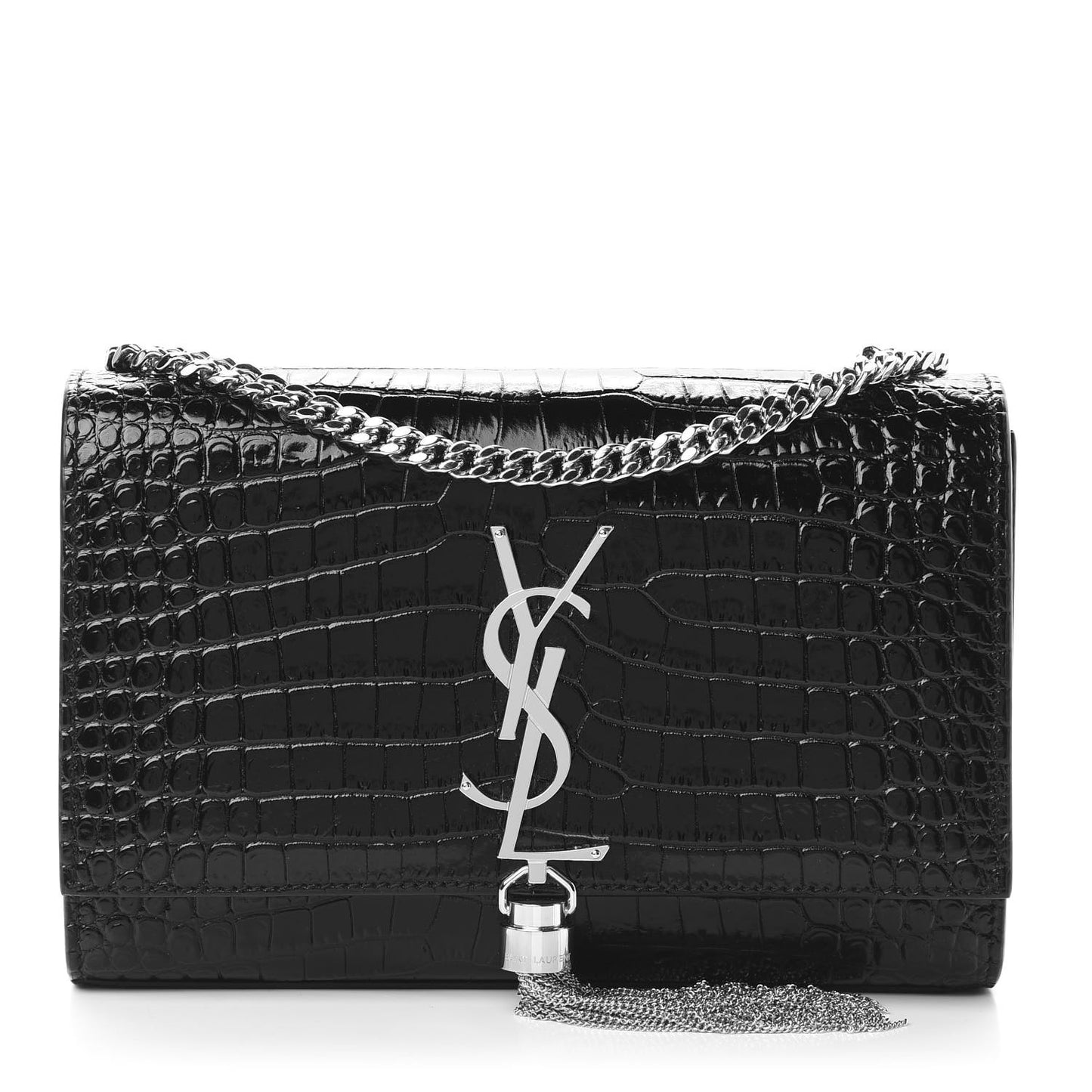 Calfskin Crocodile Embossed Small Classic Monogram Kate Tassel Satchel Black