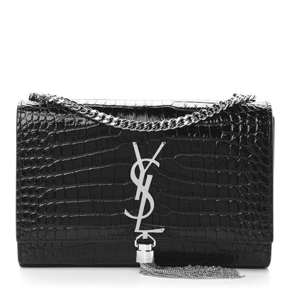 Saint Laurent Calfskin Crocodile Embossed Small Classic Monogram Kate Tassel Satchel Black 1 of 10