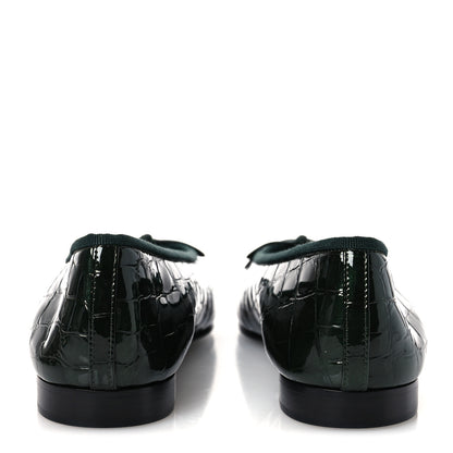 Chanel Crocodile Embossed Patent Calfskin Cap Toe CC Ballerina Flats 37.5 Dark Green Black 6 of 11