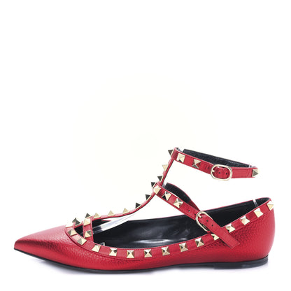 Valentino Garavani Metallic Pebbled Calfskin Rockstud Cage Ballerina Flats 38 Rosso Valentino 1 of 9