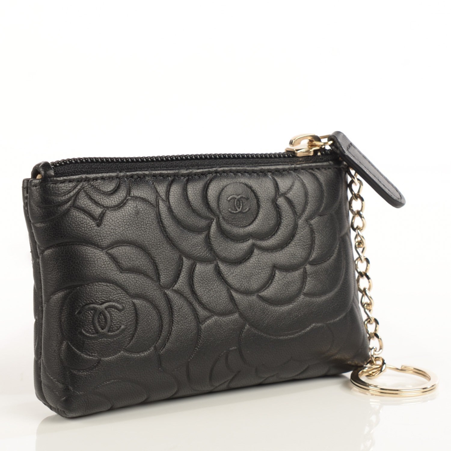 Chanel Lambskin Camellia Embossed Key Holder Case Black 3 of 7