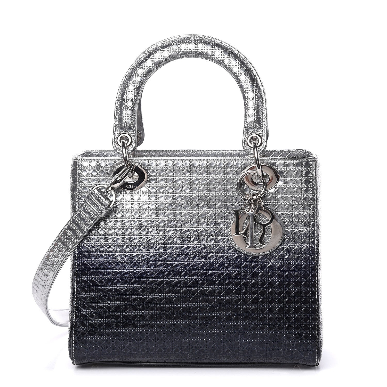 Christian Dior Metallic Patent Micro-Cannage Gradient Medium Lady Dior Silver Blue 1 of 9