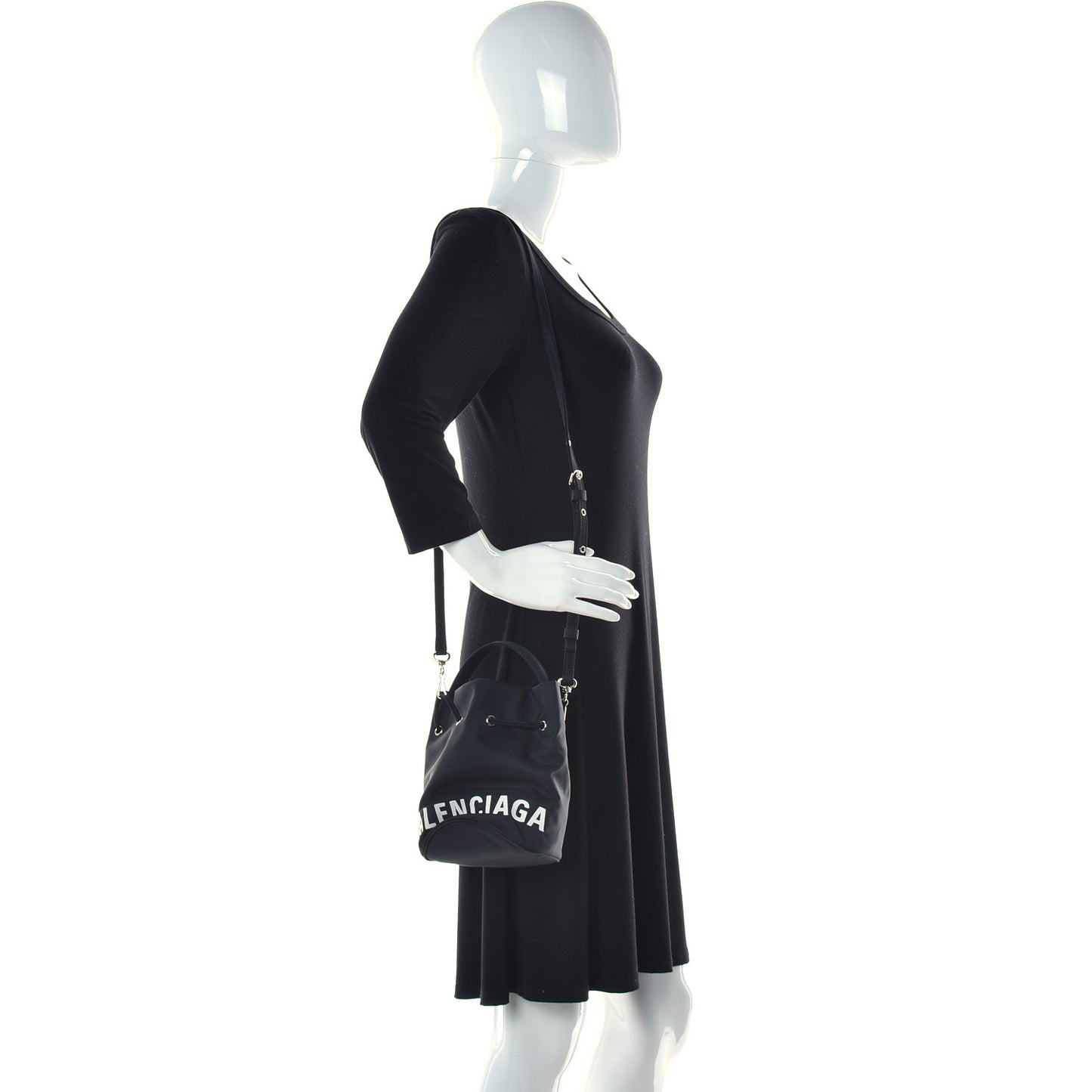 Recycled Sport Nylon Logo Embroidered Wheel Drawstring Bucket Bag XS Black