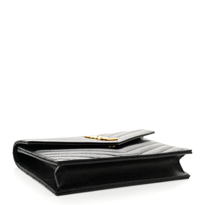 Saint Laurent Grain De Poudre Matelasse Chevron Monogram Envelope Chain Wallet Black 4 of 11
