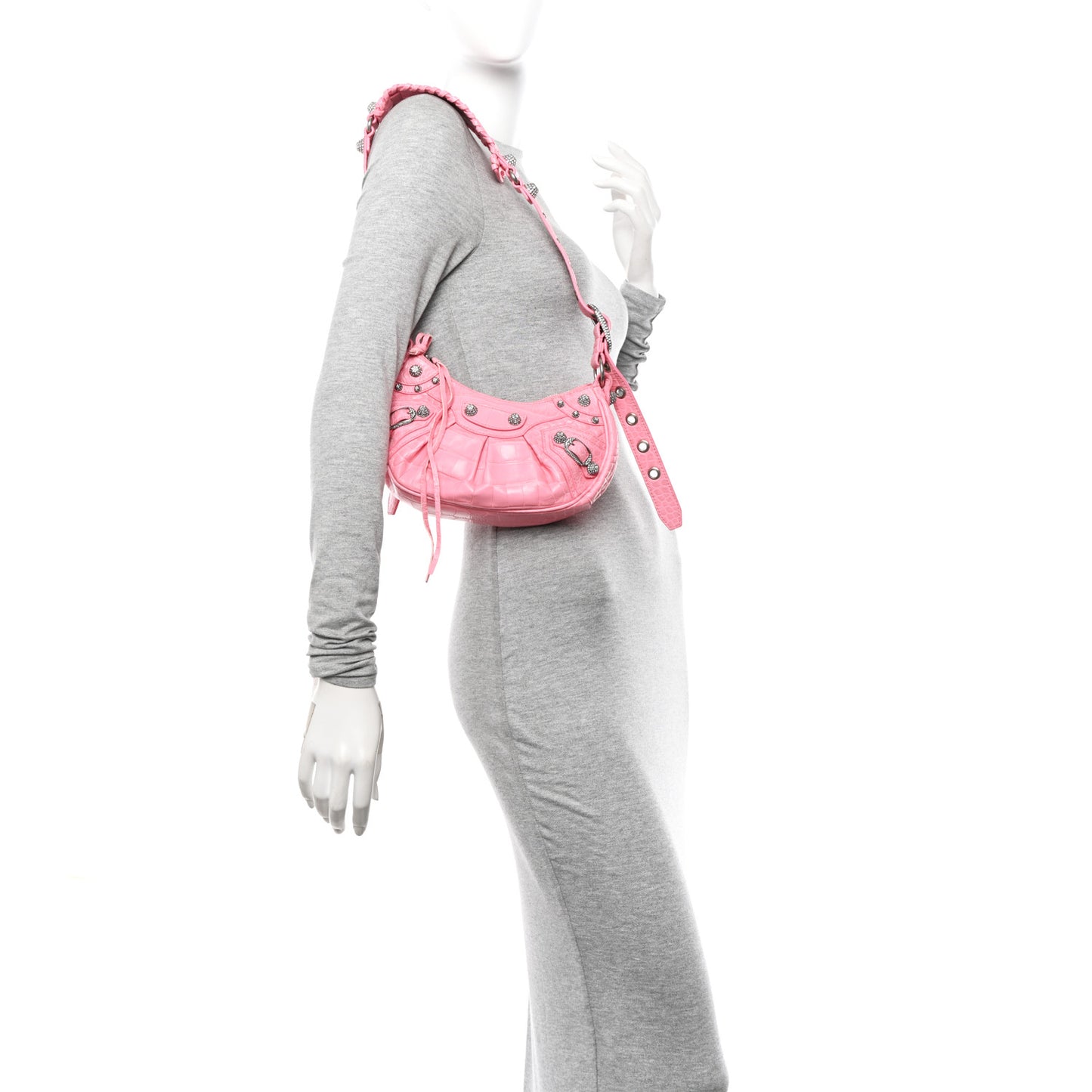 Extra Supple Calfskin Crystal Crocodile Embossed Le Cagole Shoulder Bag XS Sweet Pink