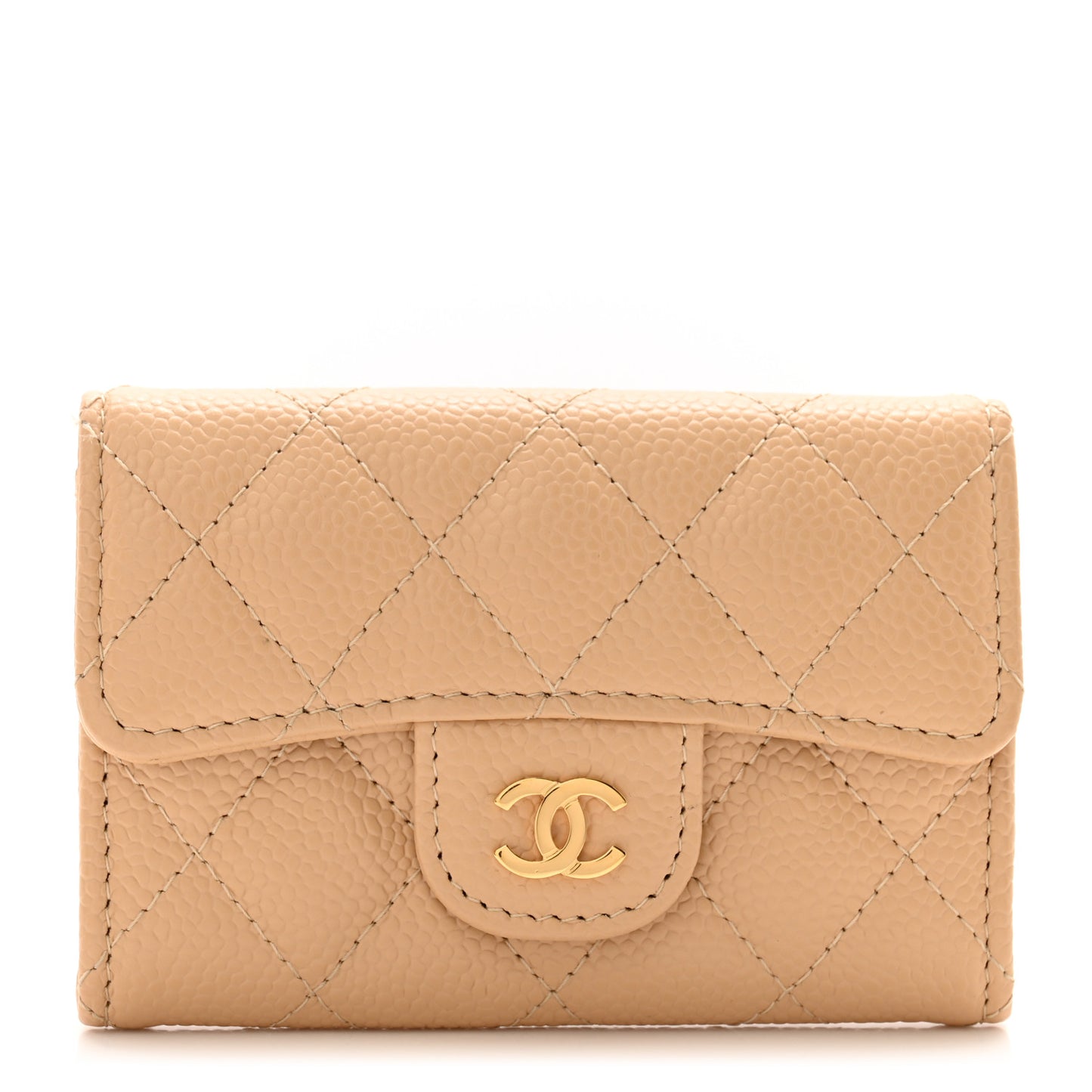 Caviar Quilted Flap Card Holder Wallet Beige