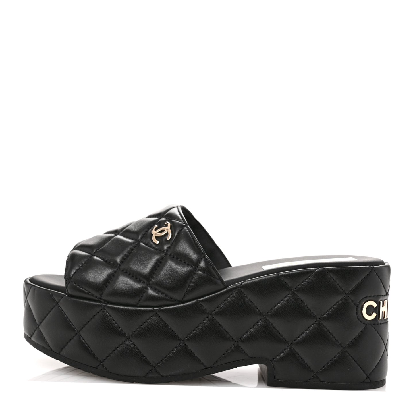 Lambskin Quilted CC Mules Wedge Sandals 39 Black