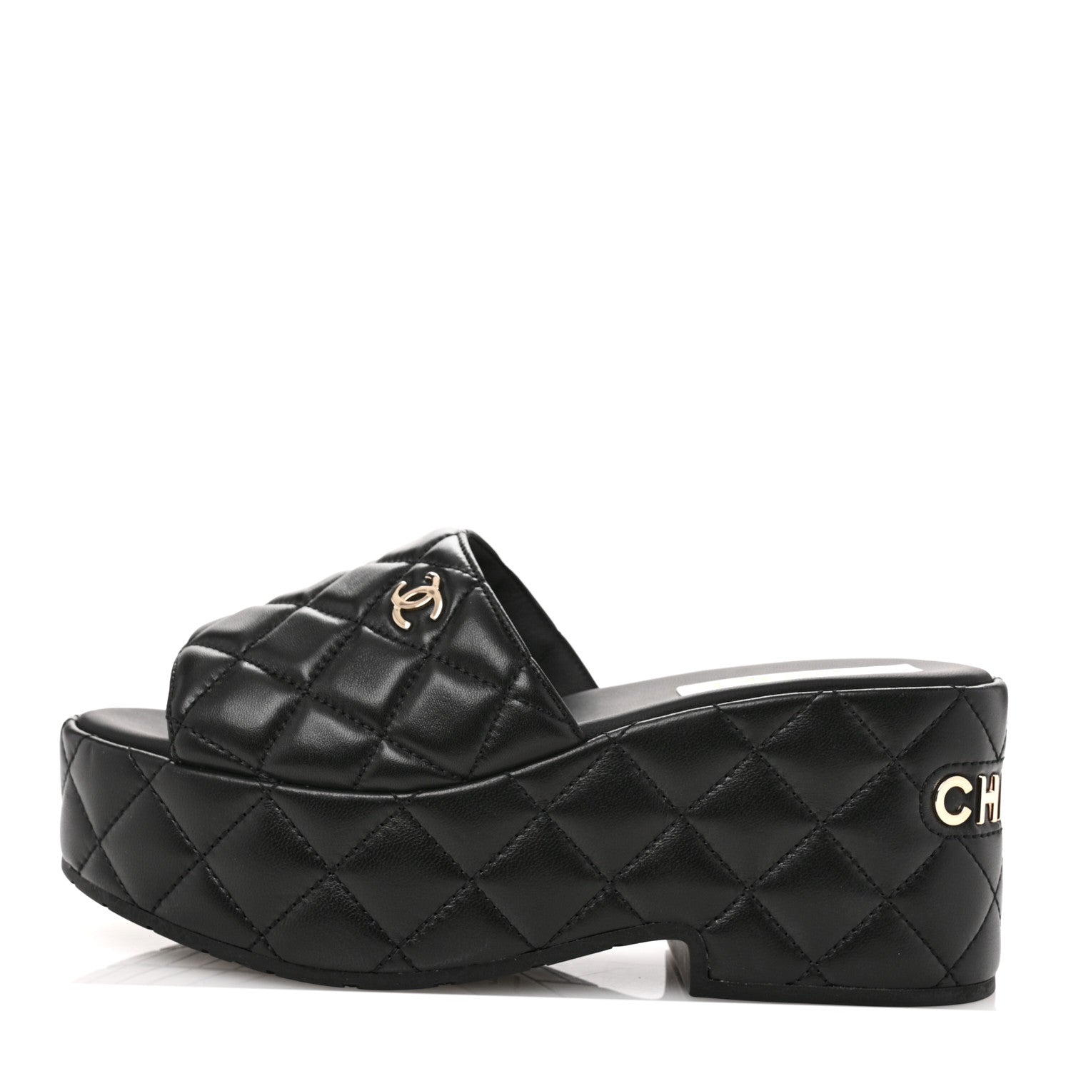 Chanel Lambskin Quilted CC Mules Wedge Sandals 39 Black 1 of 9