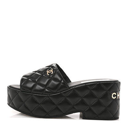 Chanel Lambskin Quilted CC Mules Wedge Sandals 39 Black 1 of 9