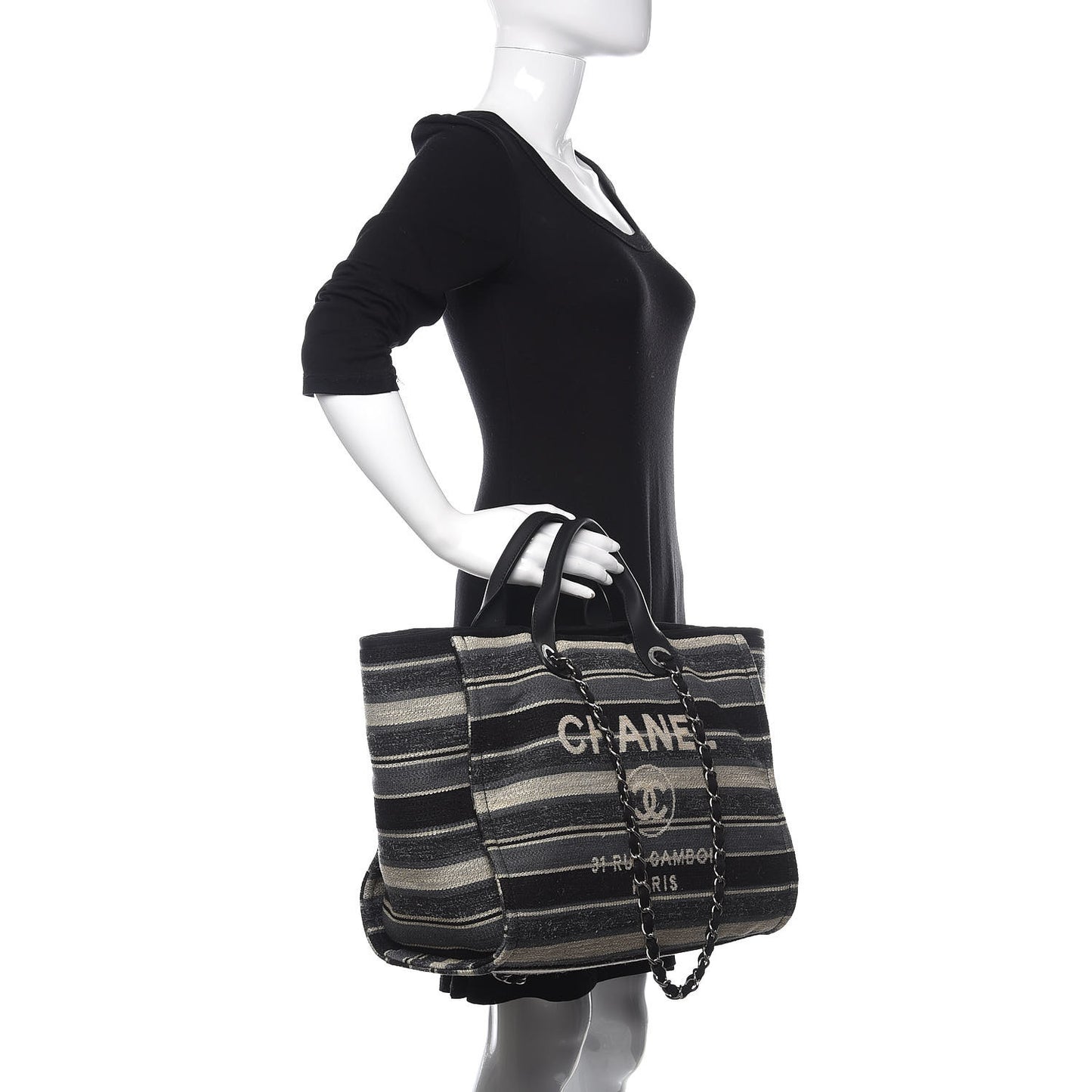 Striped Canvas Medium Deauville Tote Black