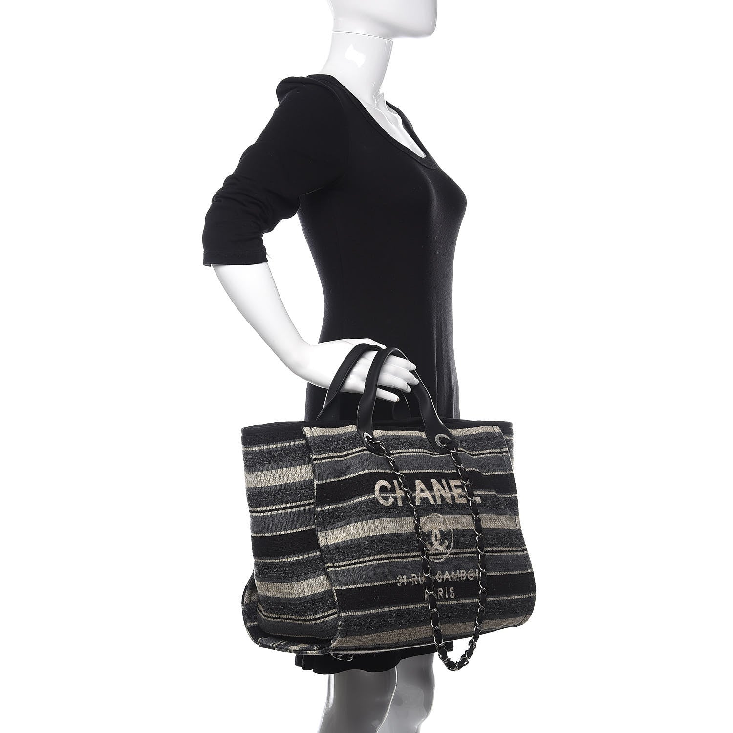 Chanel Striped Canvas Medium Deauville Tote Black 3 of 12