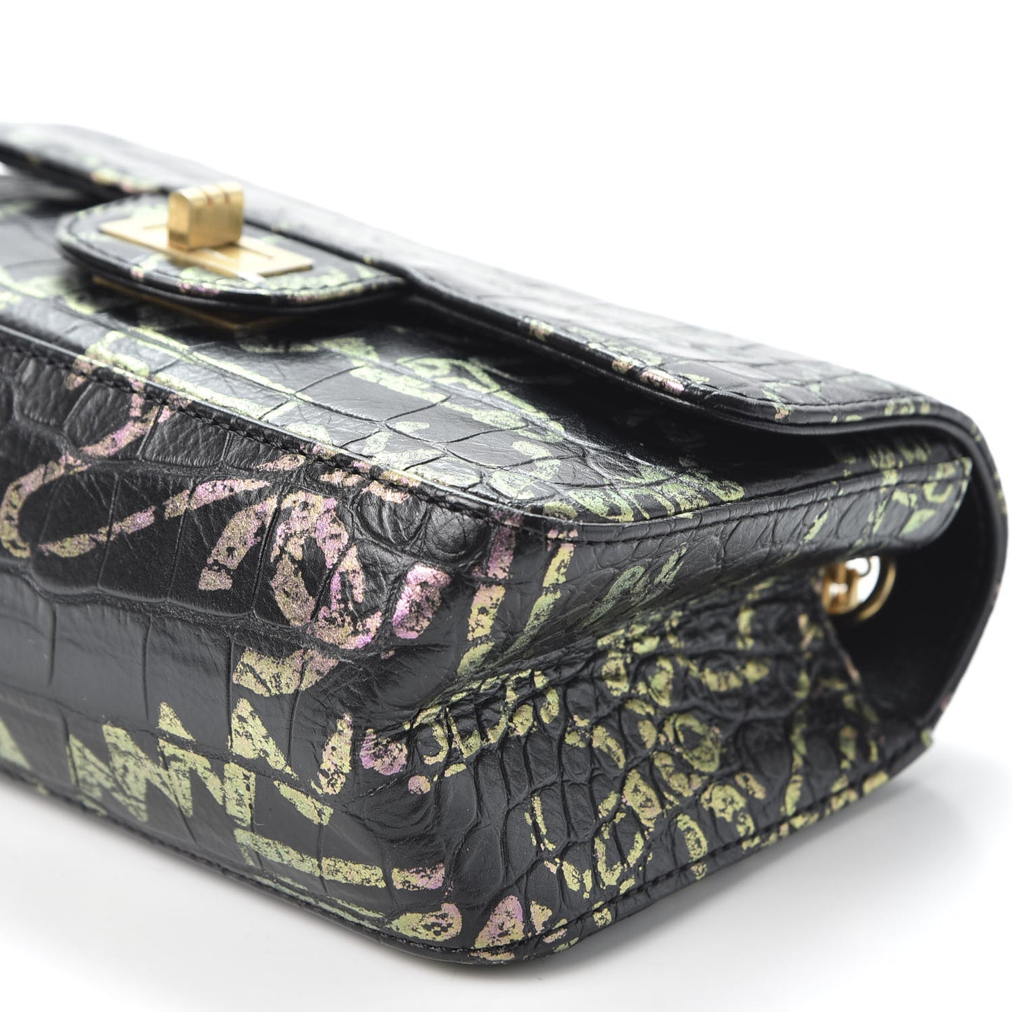 Calfskin Crocodile Embossed Graffiti 2.55 Mini Cocodile Reissue Flap Black Pink