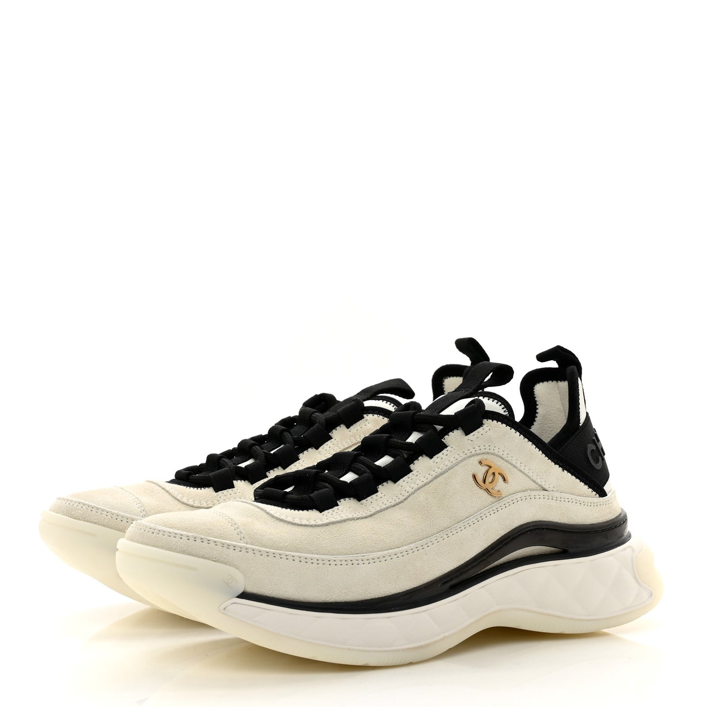 Suede Calfskin Nylon Grosgrain CC Sneakers 37.5 Beige Black