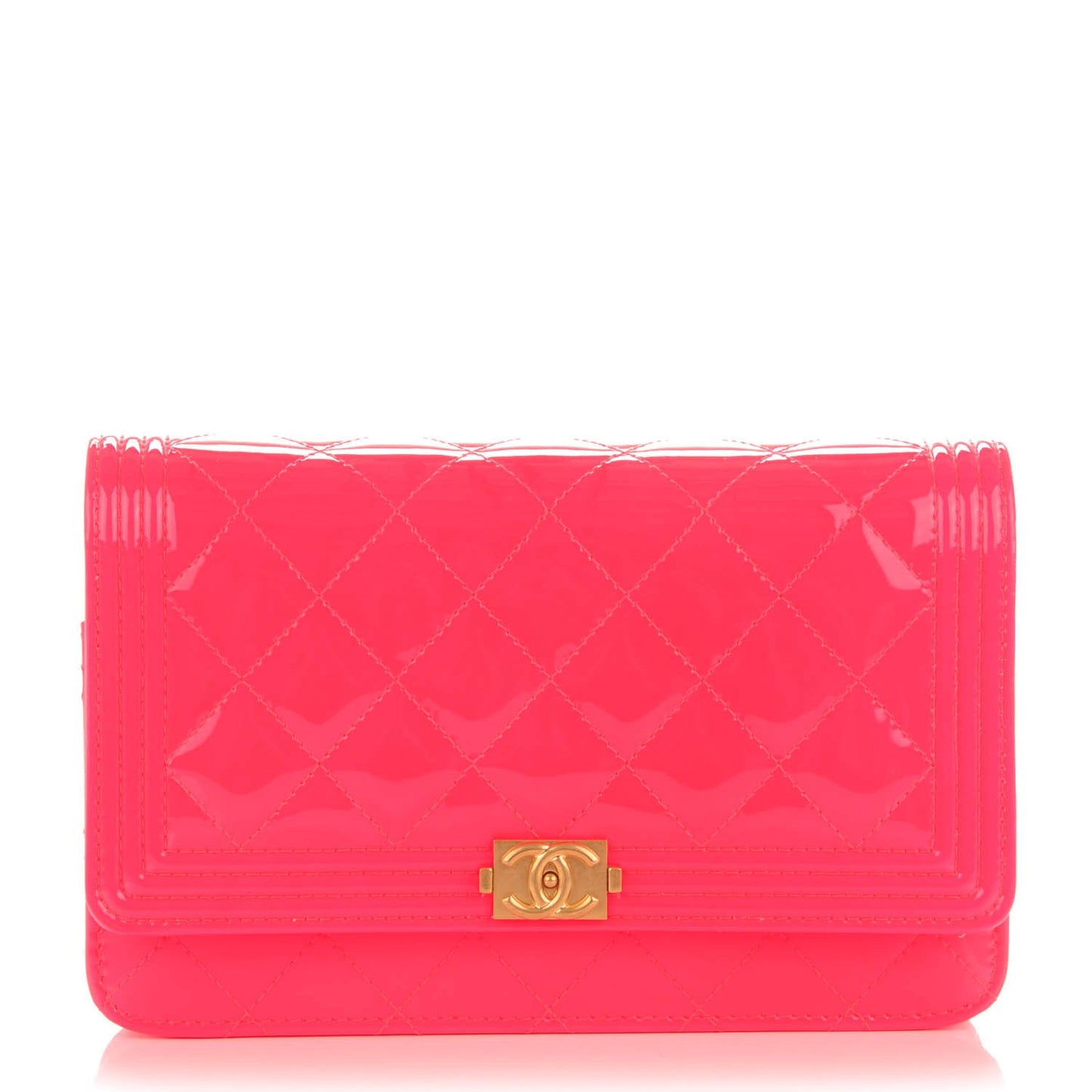 Patent Calfskin Quilted Boy Wallet On Chain WOC Pink
