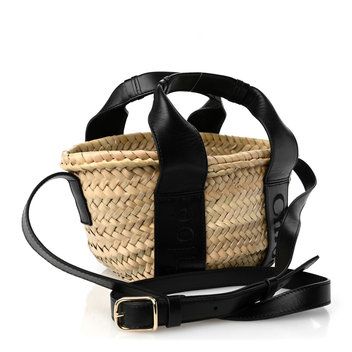 Raffia Smooth Calfskin Small Sense Basket Black
