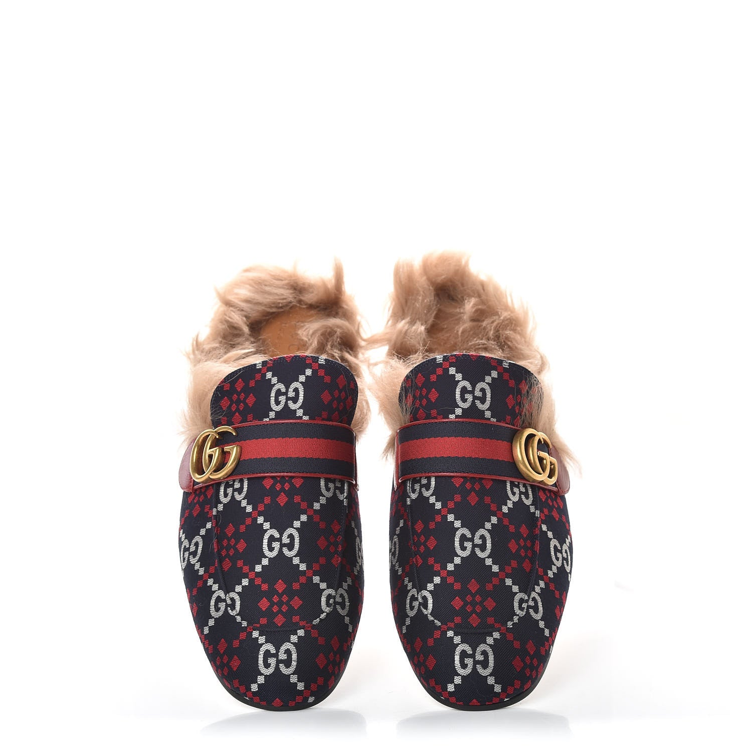 Gucci Canvas GG Monogram Diamond Fur Web GG Mens Princetown Slippers 11 Midnight Blue Hibiscus Red 5 of 10