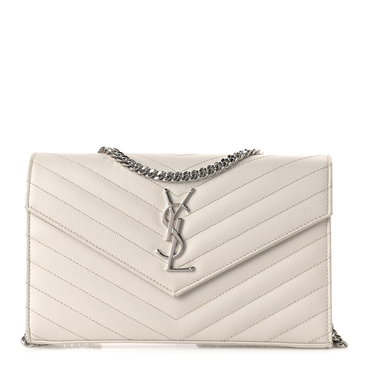 Saint Laurent Grain De Poudre Matelasse Chevron Monogram Chain Wallet White 1 of 10