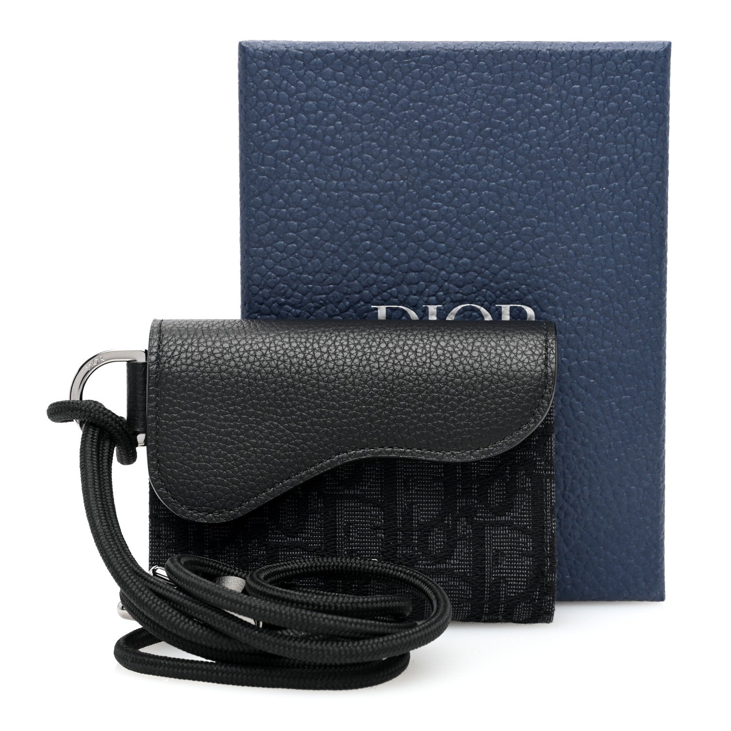 Christian Dior Oblique Jacquard Grained Calfskin Saddle Card Holder On Strap Black 9 of 9