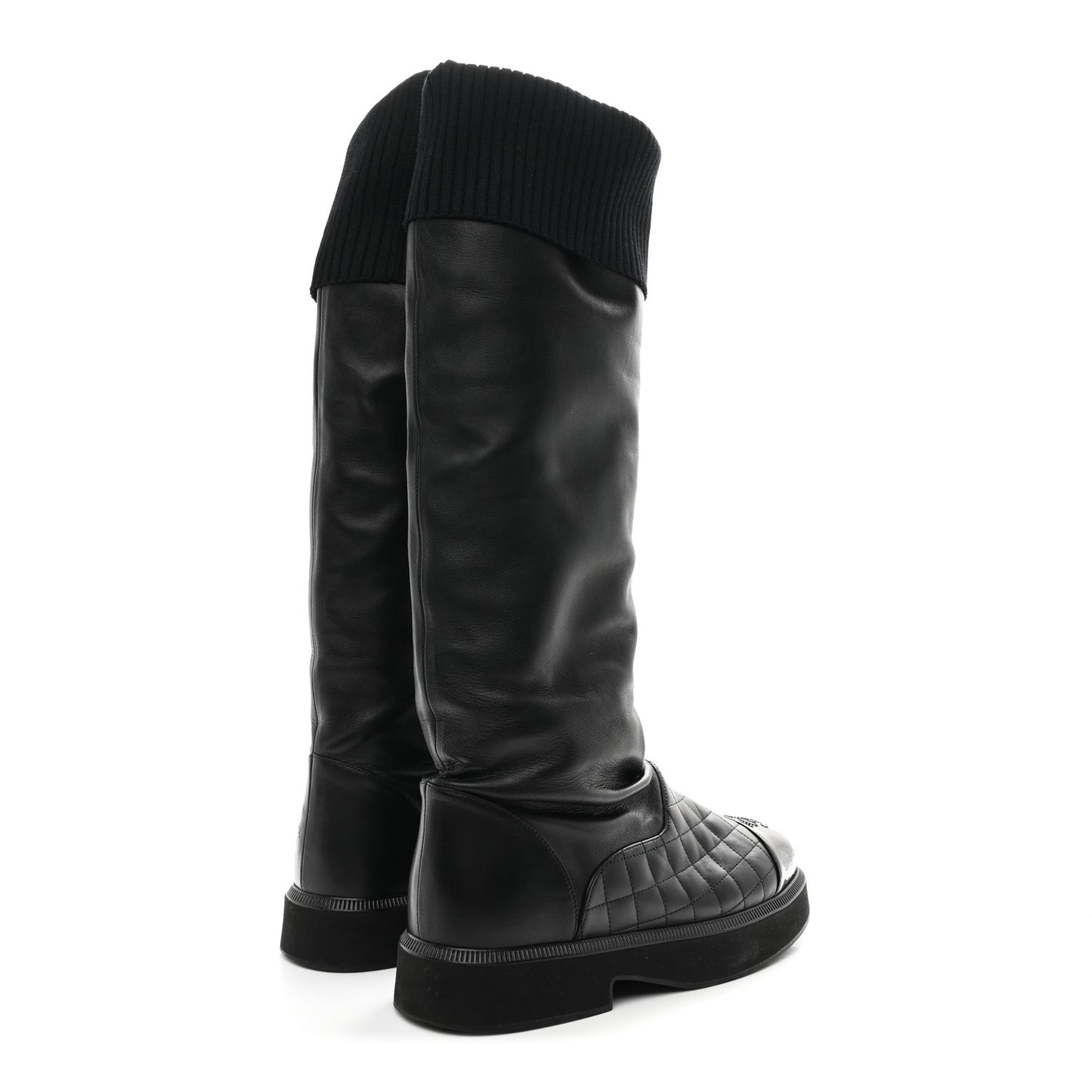 Lambskin Calfskin Quilted Knit Womens High Boots 39.5 Black