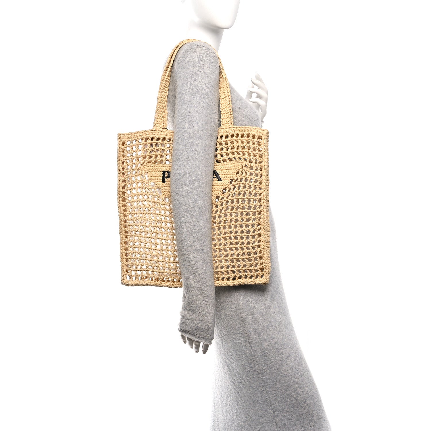 Prada Yarn Raffia Effect Crochet Logo Embroidered Tote Bag