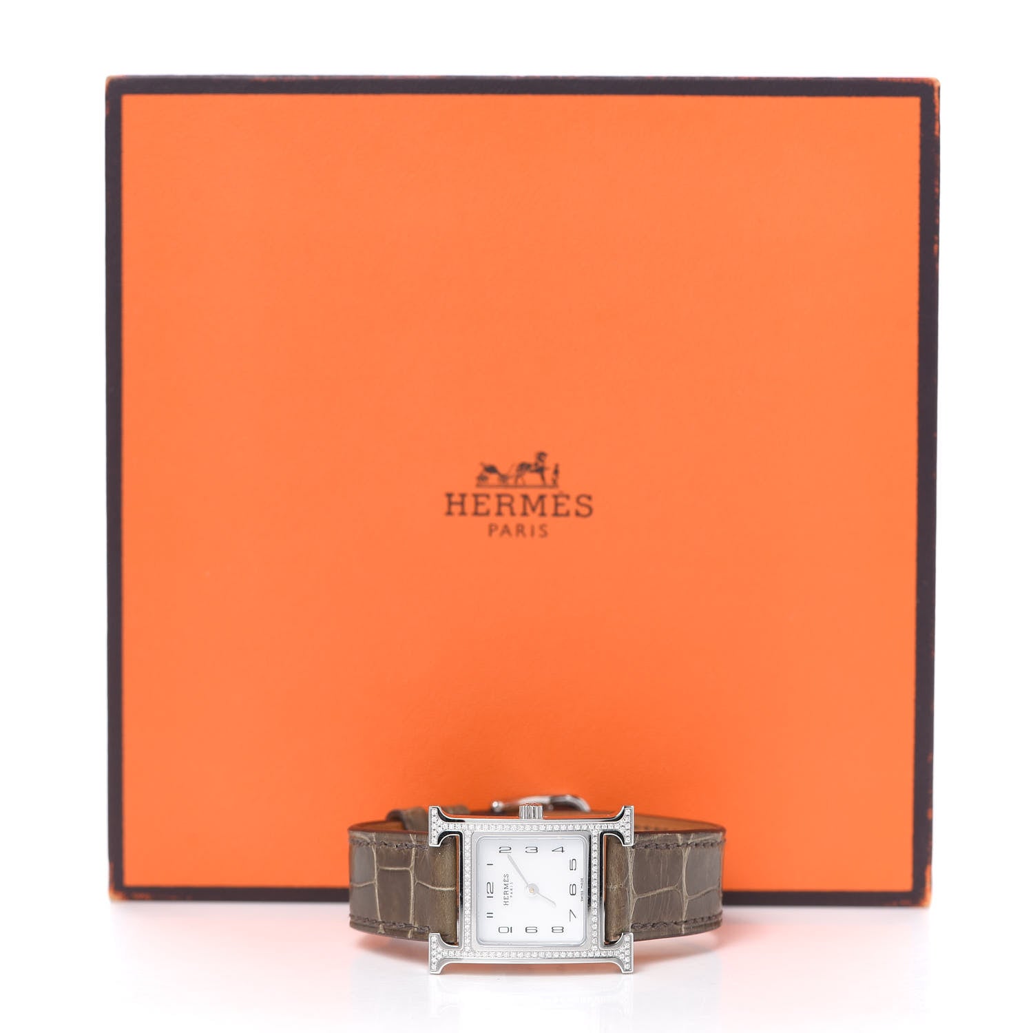 Hermes Stainless Steel Alligator Diamond Bezel Mother of Pearl 21mm Heure H Hour Quartz Watch Gris Elephant 5 of 5