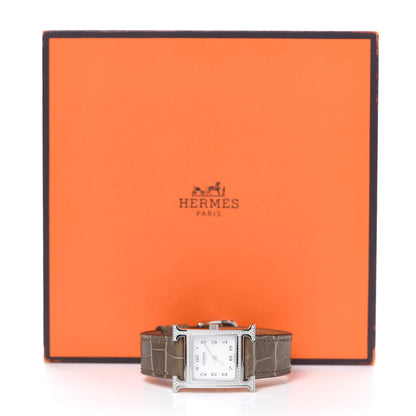 Hermes Stainless Steel Alligator Diamond Bezel Mother of Pearl 21mm Heure H Hour Quartz Watch Gris Elephant 5 of 5