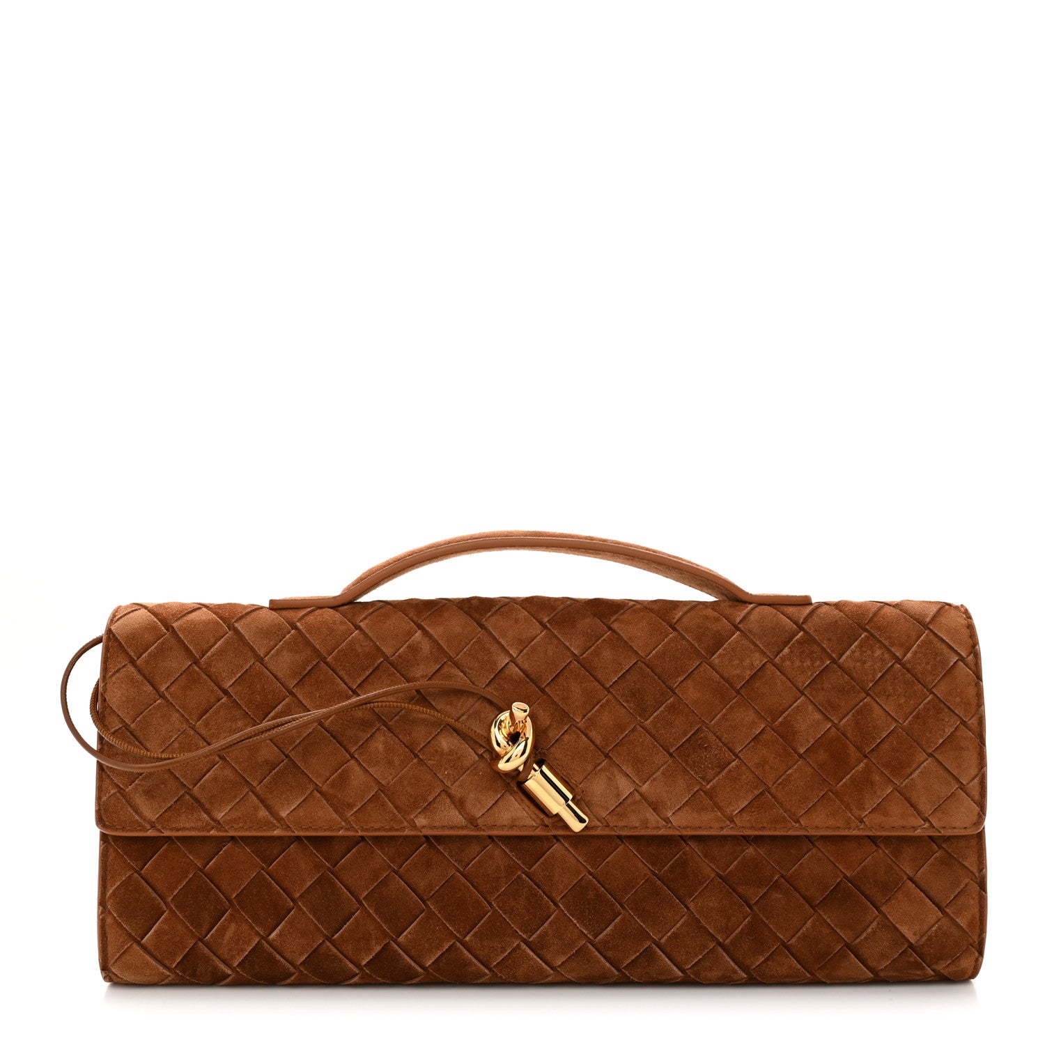 Bottega Veneta Suede Intrecciato Long Andiamo Top Handle Clutch Amber 1 of 7