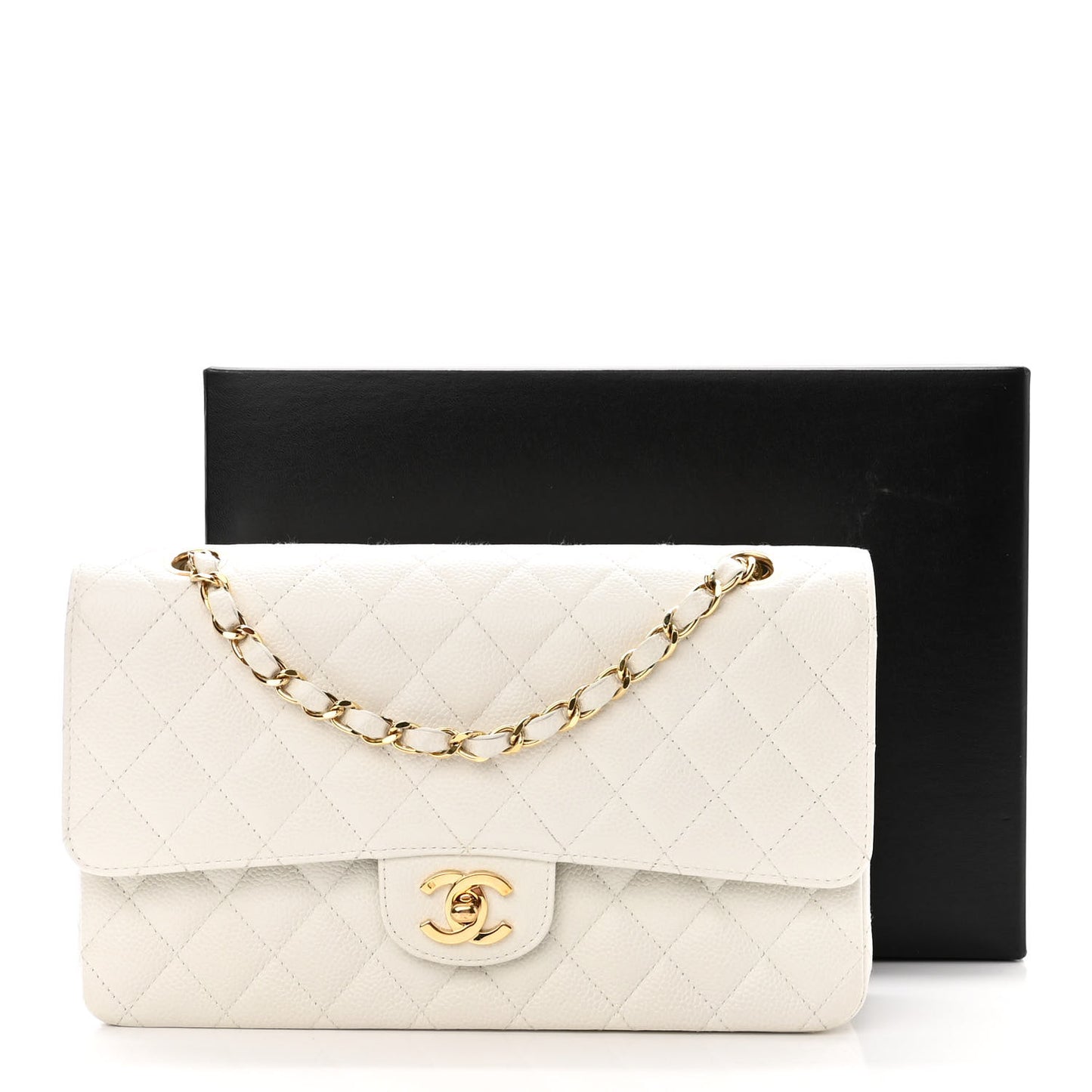 Caviar Quilted Medium Double Flap White