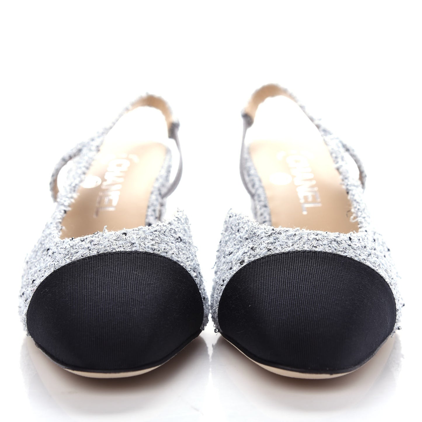 Tweed Grosgrain Cap Toe CC Slingback Pumps 37.5 Grey Silver Black