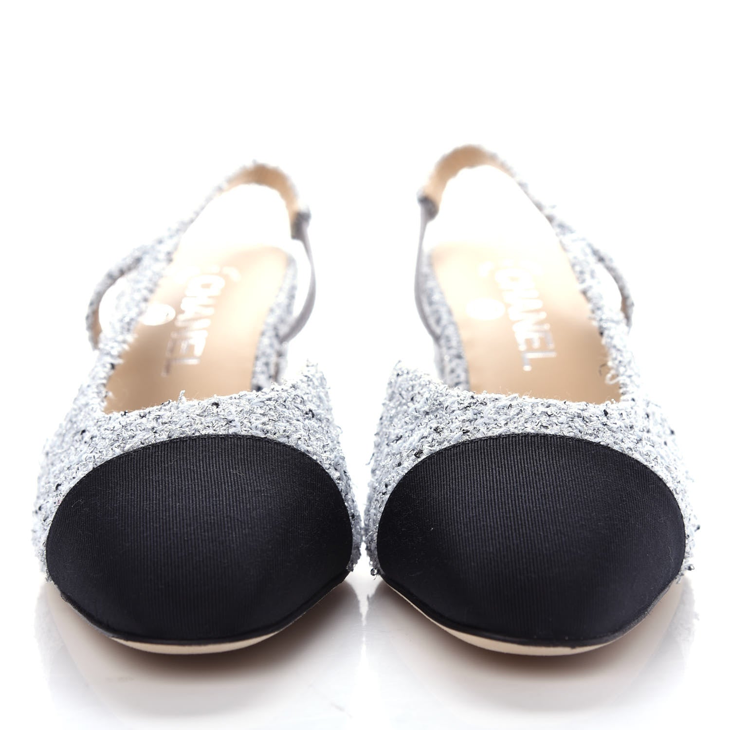 Chanel Tweed Grosgrain Cap Toe CC Slingback Pumps 37.5 Grey Silver Black 2 of 12