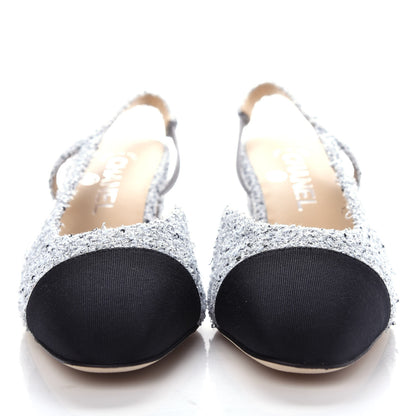 Chanel Tweed Grosgrain Cap Toe CC Slingback Pumps 37.5 Grey Silver Black 2 of 12