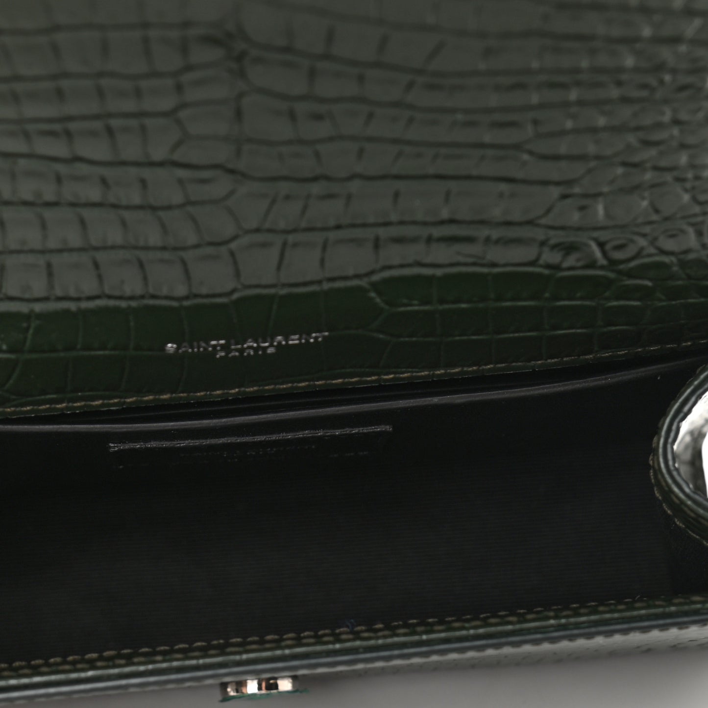 Calfskin Crocodile Embossed Small Classic Monogram Kate Tassel Satchel Dark Green