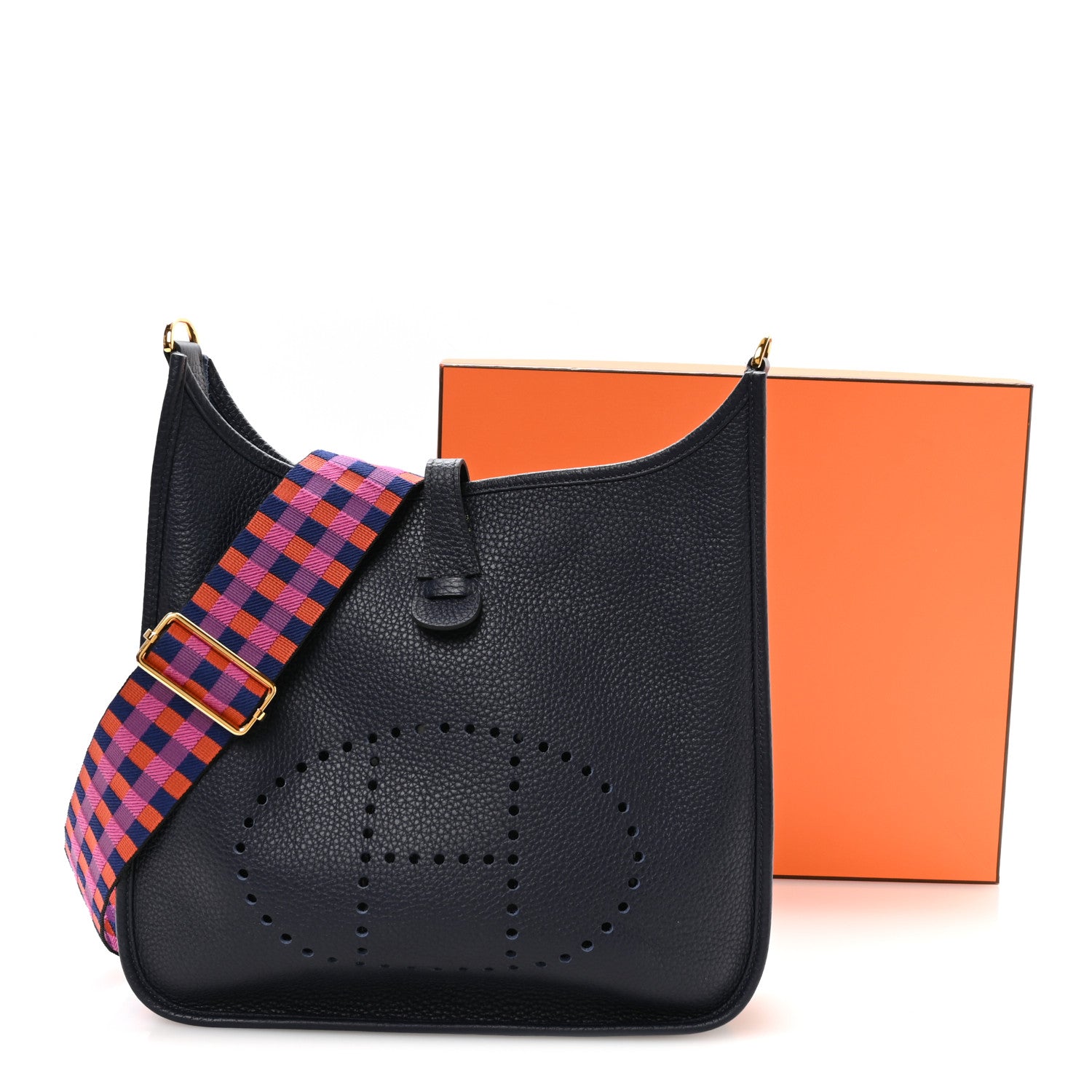 Hermes Taurillon Clemence Quadrille Evelyne III PM Bleu Nuit Bleu Saphir Anemone Capucine 11 of 11