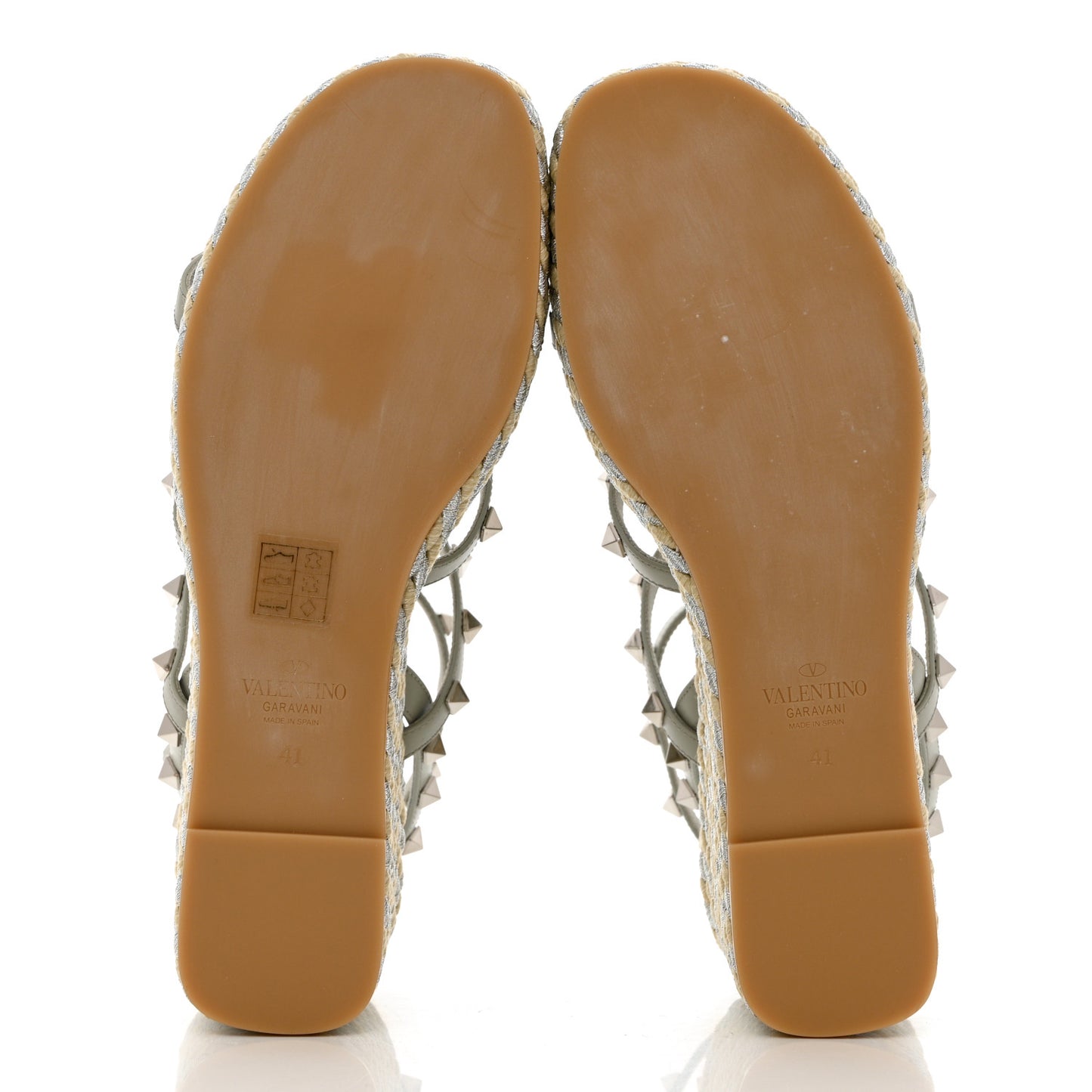 Calfskin Rockstud Ankle Strap Torchon Espadrille Caged 25/95mm Wedge Sandals 41 Opal Grey Argento Champagne