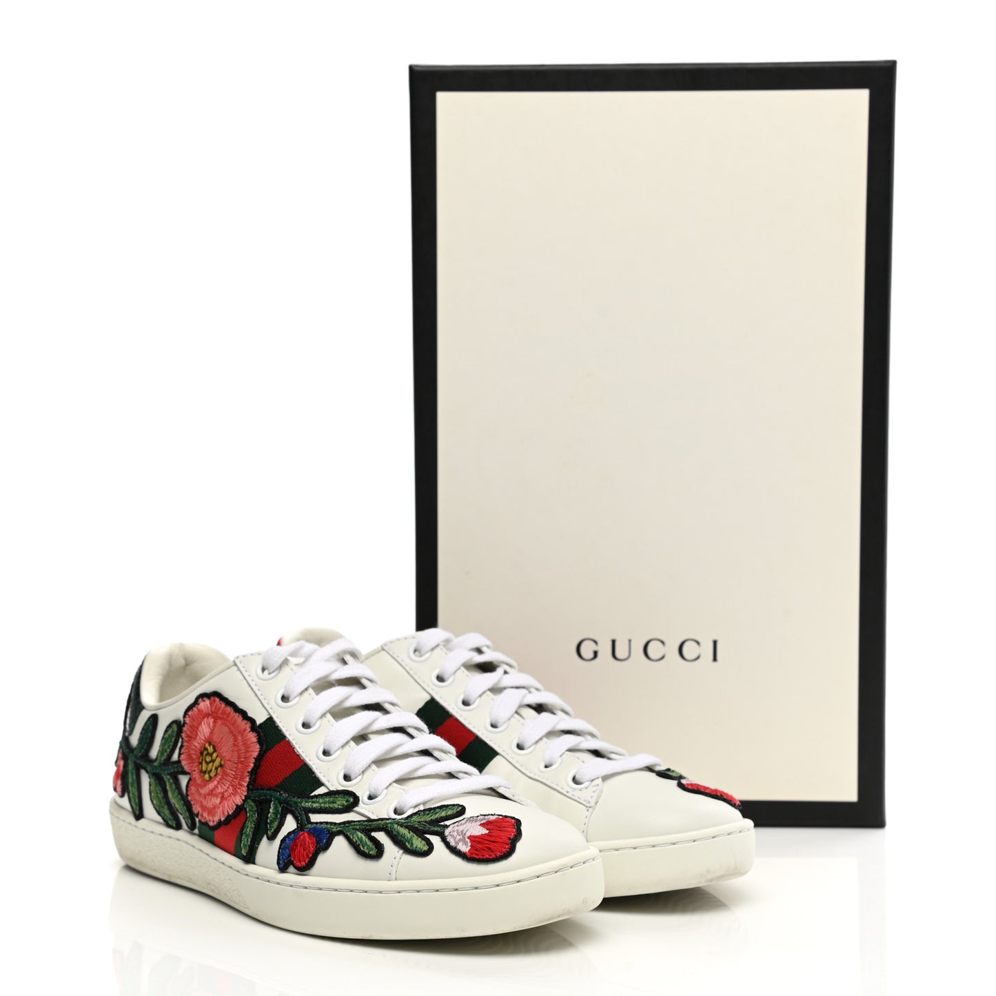 Calfskin Web Floral Embroidered Womens Ace Sneakers 35 White