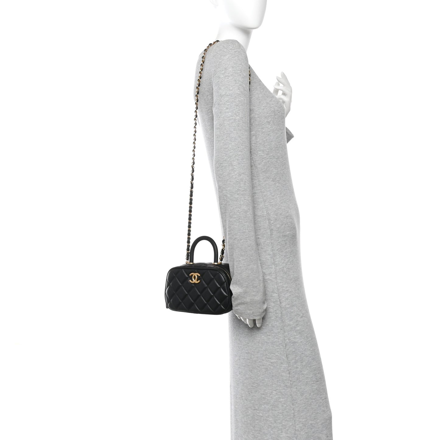 Lambskin Quilted Top Handle Mini Bowling Bag Black