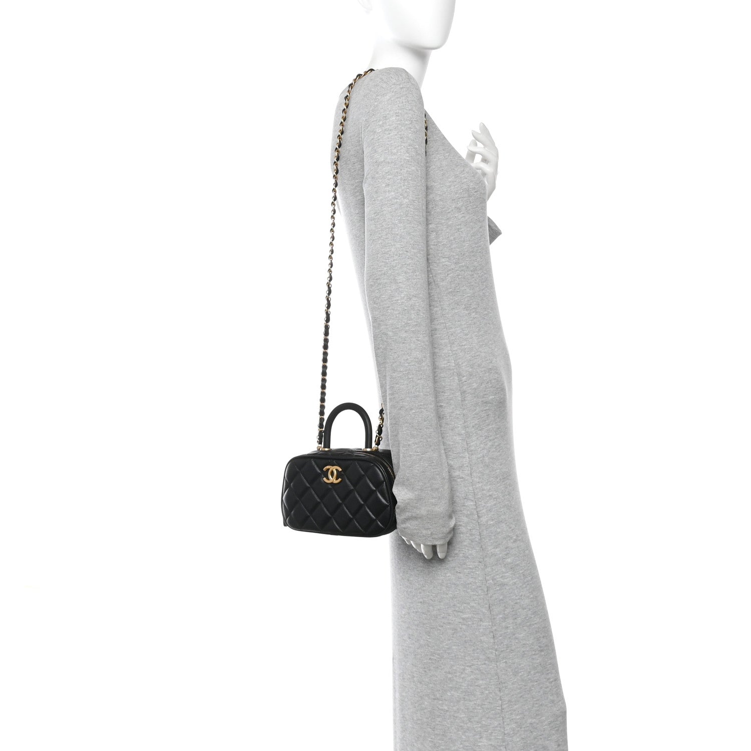 Chanel Lambskin Quilted Top Handle Mini Bowling Bag Black 2 of 10