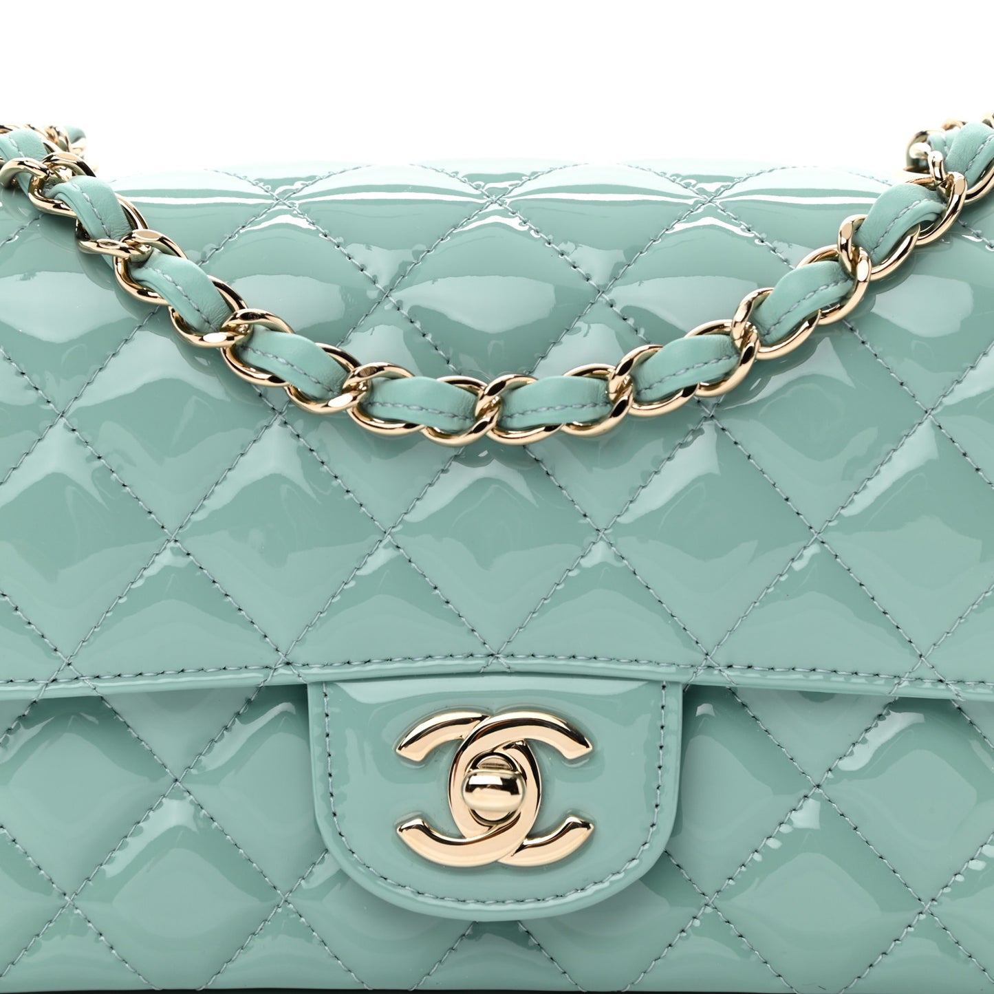 Patent Calfskin Quilted Mini Rectangular Flap Light Blue