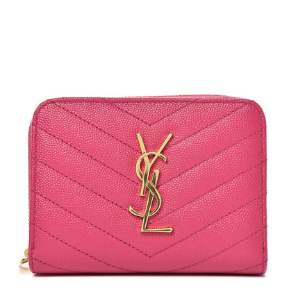 Saint Laurent Grain De Poudre Matelasse Chevron Monogram Compact Zip Around Wallet Fuchsia 1 of 9