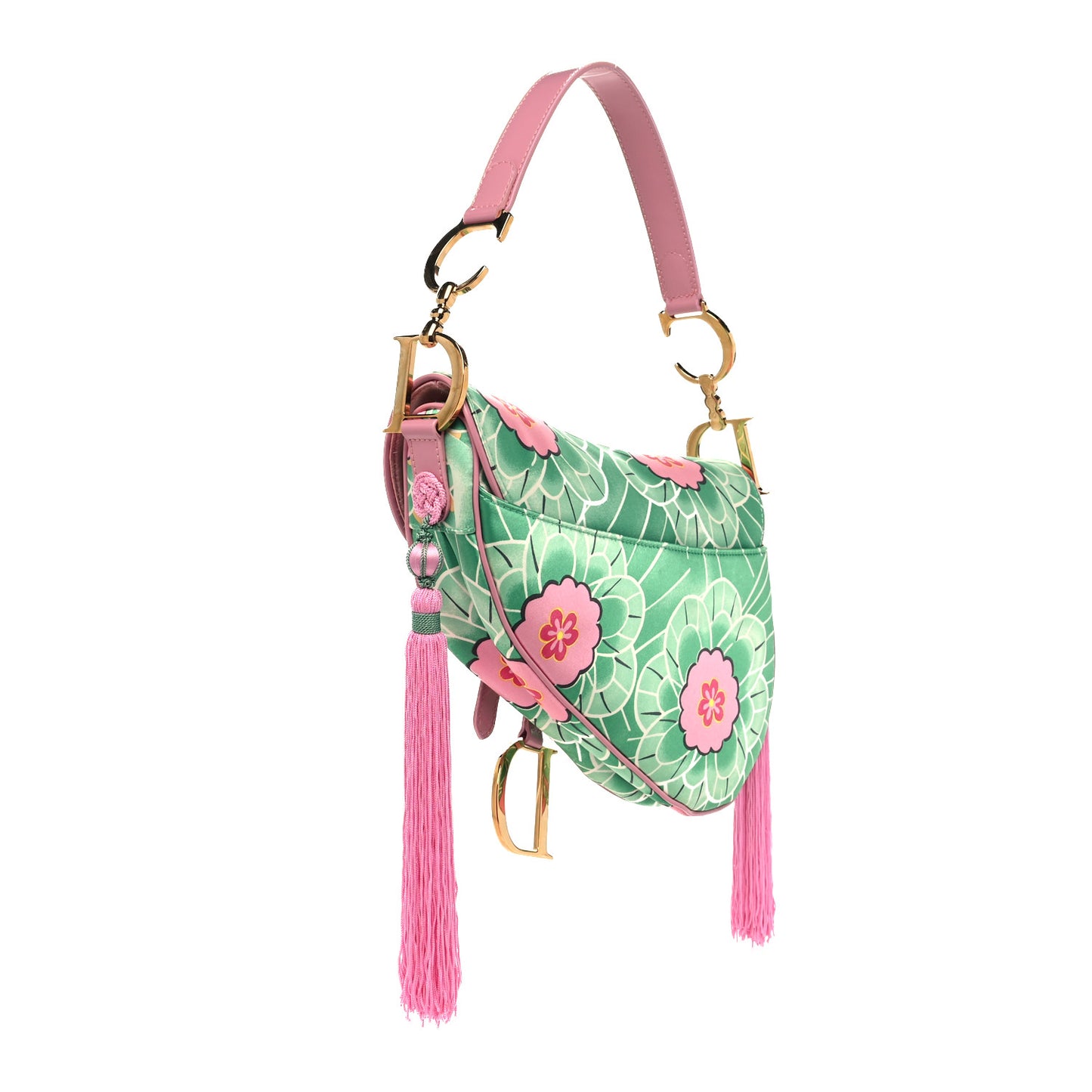 CHRISTIAN DIOR Satin Tassel Koi Saddle Bag Green Pink