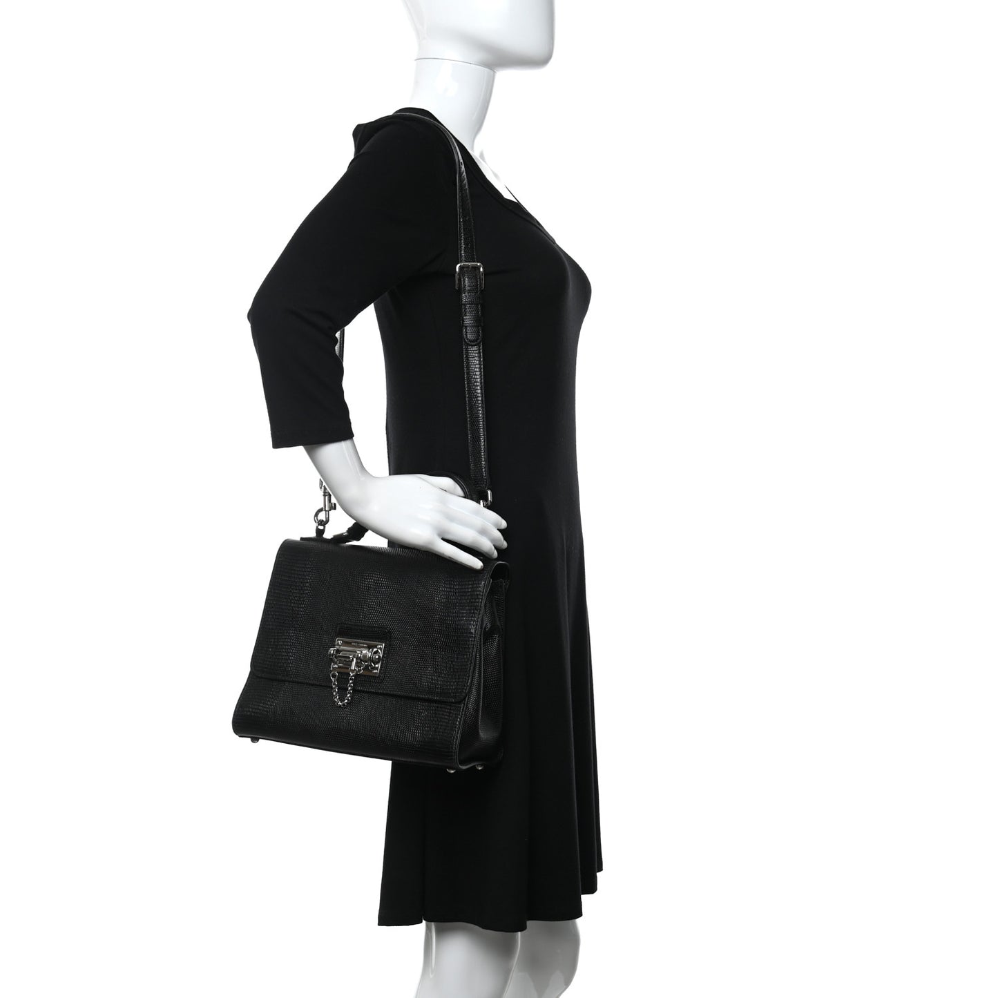 Lizard Calfskin Embossed Medium Monica Top Handle Bag Black