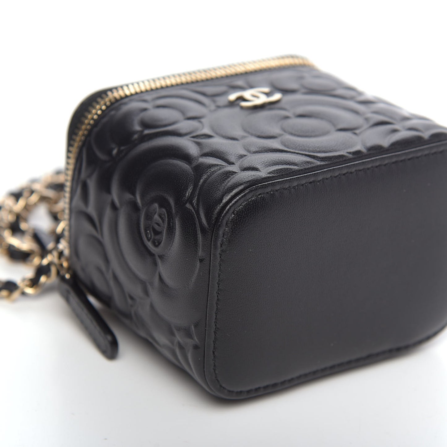 Lambskin Camellia Embossed Mini Vanity Case With Chain Black