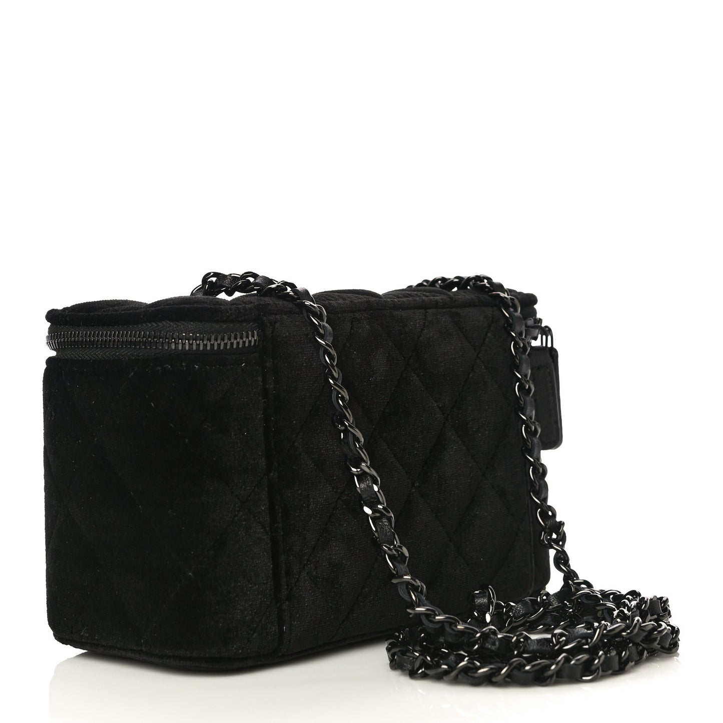 Velvet Quilted Small Vanity Case With Chain Black