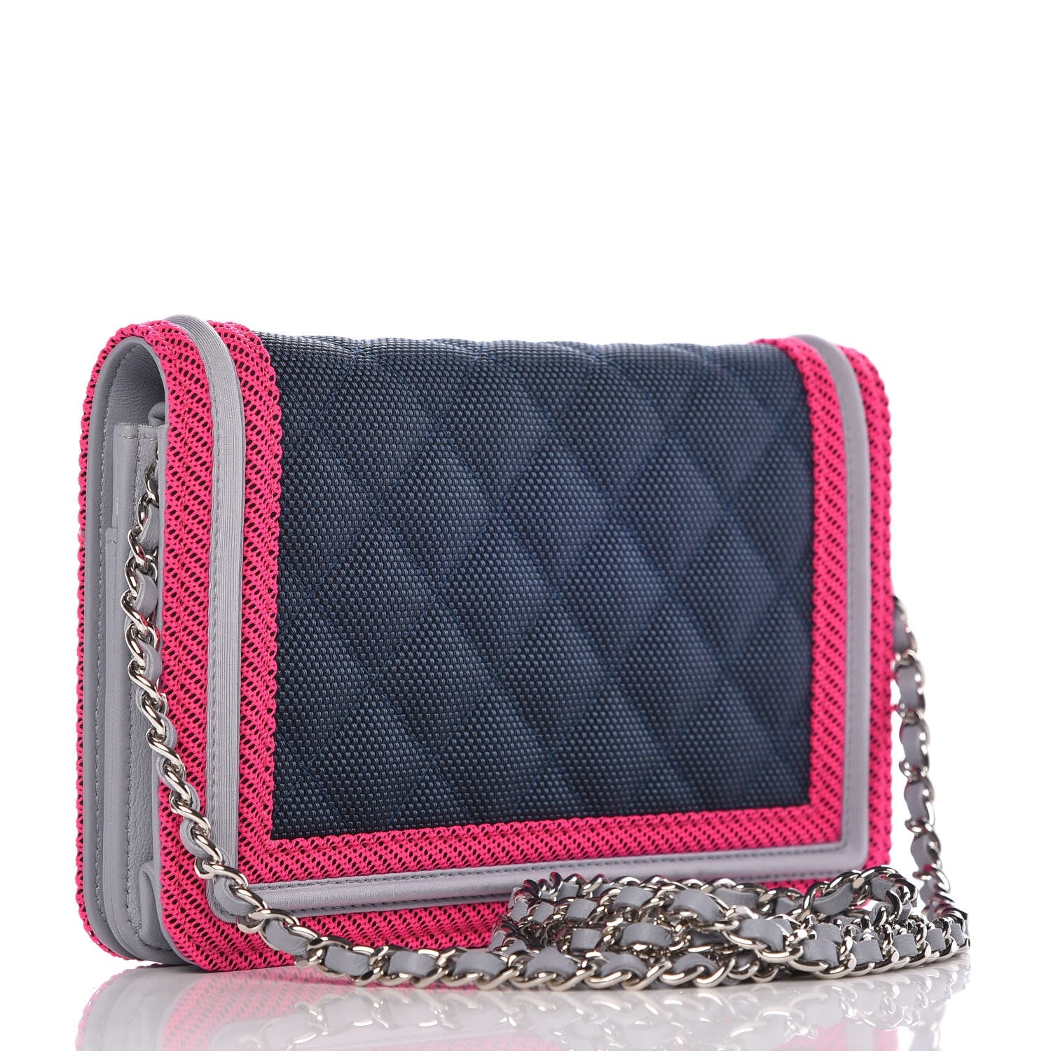 Chanel Canvas Quilted Fluo Boy Wallet On Chain WOC Dark Navy Fuchsia Grey 3 of 9