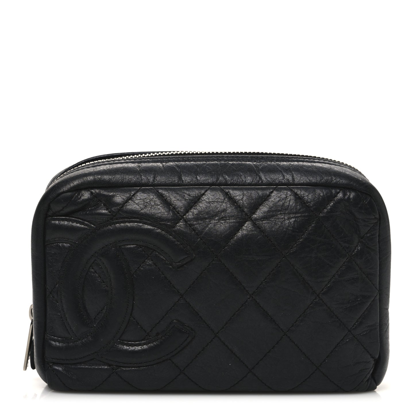 Aged Calfskin Quilted Cambon Cosmetic Case Black