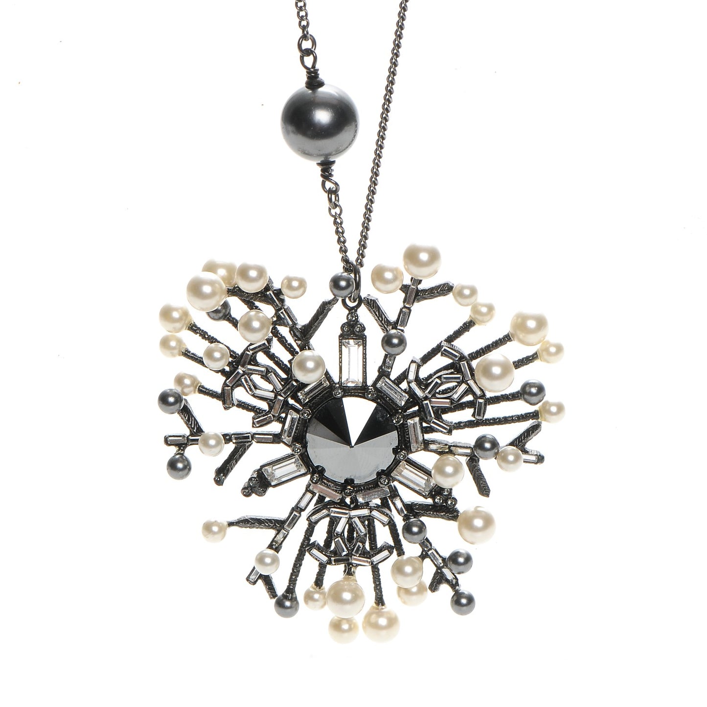 Crystal Baguette Pearl CC Necklace Black Silver