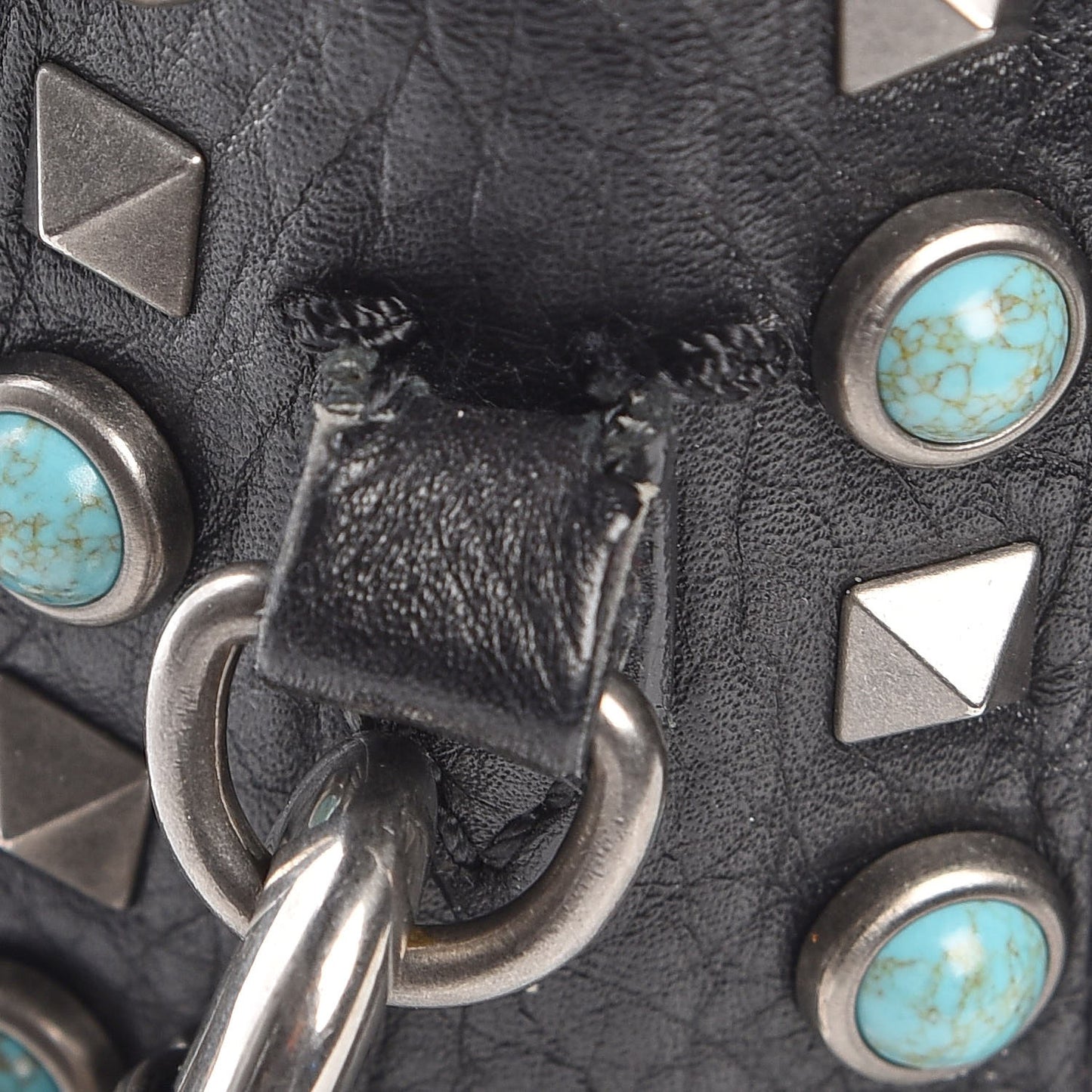 Pebbled Calfskin Turquoise Medium Guitar Strap Rockstud Rolling Flap Saddle Bag Black