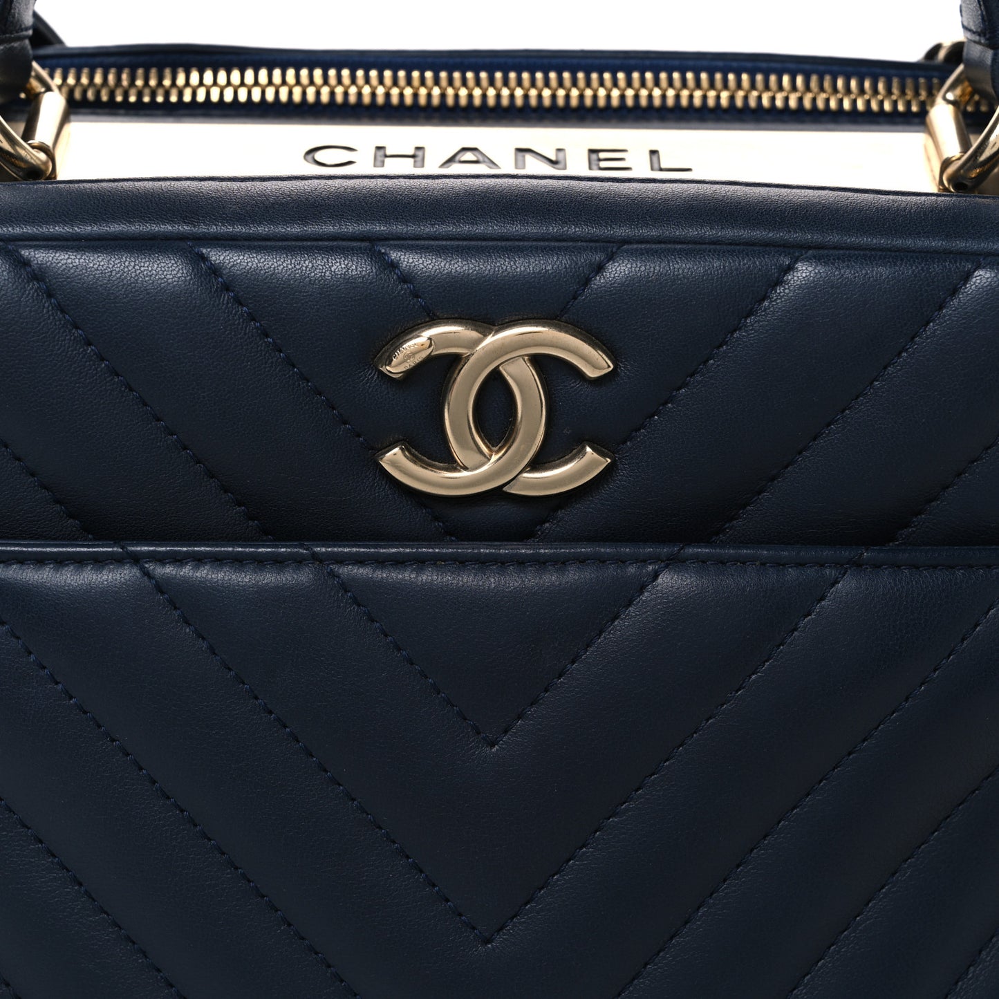 Lambskin Chevron Quilted Small Trendy CC Bowling Bag Navy Blue