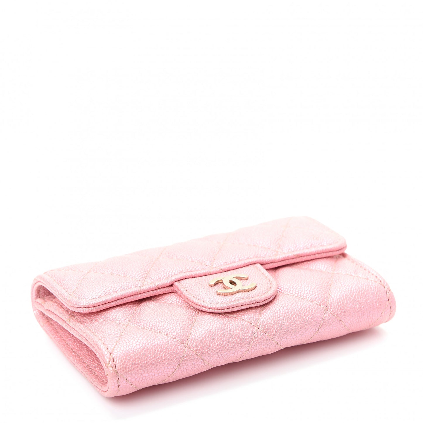Iridescent Caviar Quilted Flap Card Holder Rose Pink